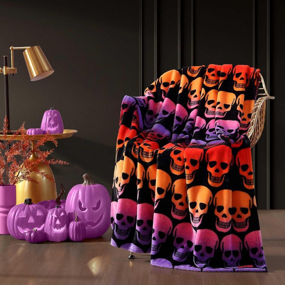 imageBetsey Johnson Bouquet Day PlushFleece Blue Throw Blanket50X70Skull Ombre Black