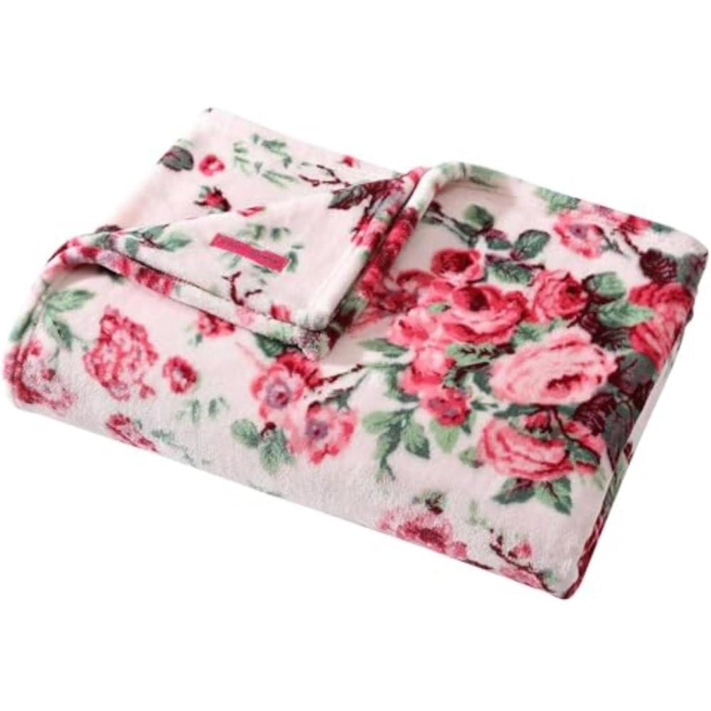 imageBetsey Johnson Bouquet Day PlushFleece Blue Throw Blanket50X70Vintage Floral Pink