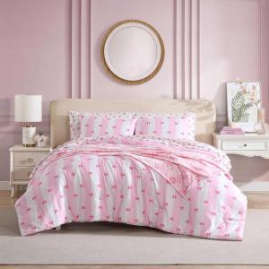 Betsey Johnson – Comforter Set, Super Soft Bedding with Matching Sham & Sheets, Includes Bonus Pillowcase & Reversible Plush Throw (Ombre Purple, Queen)(Bow Stripe Pink)