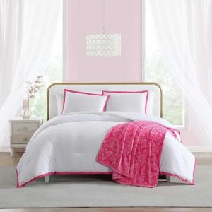 Betsey Johnson Solid Microfiber White Print 4 Piece Comforter Set-Full/Queen(Signature Hotel Pink)