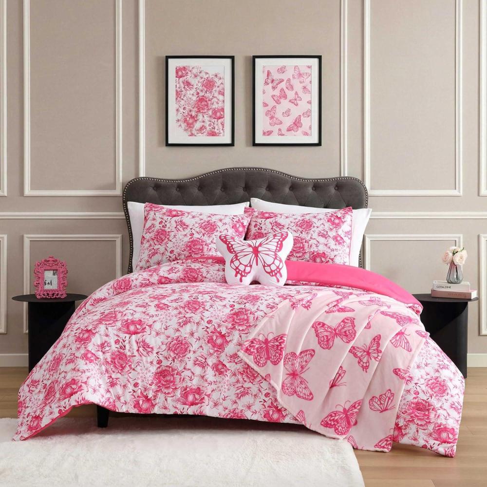 image:imageBetsey Johnson  Queen Comforter Set 100 Soft amp Reversible Floral Bedding Plush 5 Piece Bonus Bed Set with Pillowcases Throw Blanket amp Butterfly Shaped Throw Pillow Sketch Malachite Pink