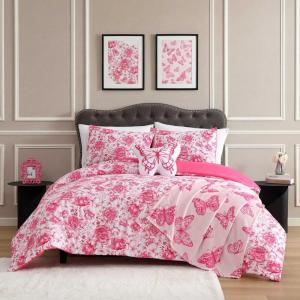 Betsey Johnson – Queen Comforter Set, 100% Soft & Reversible Floral Bedding, Plush 5 Piece Bonus Bed Set with Pillowcases, Throw Blanket & Butterfly Shaped Throw Pillow (Sketch Malachite Pink)