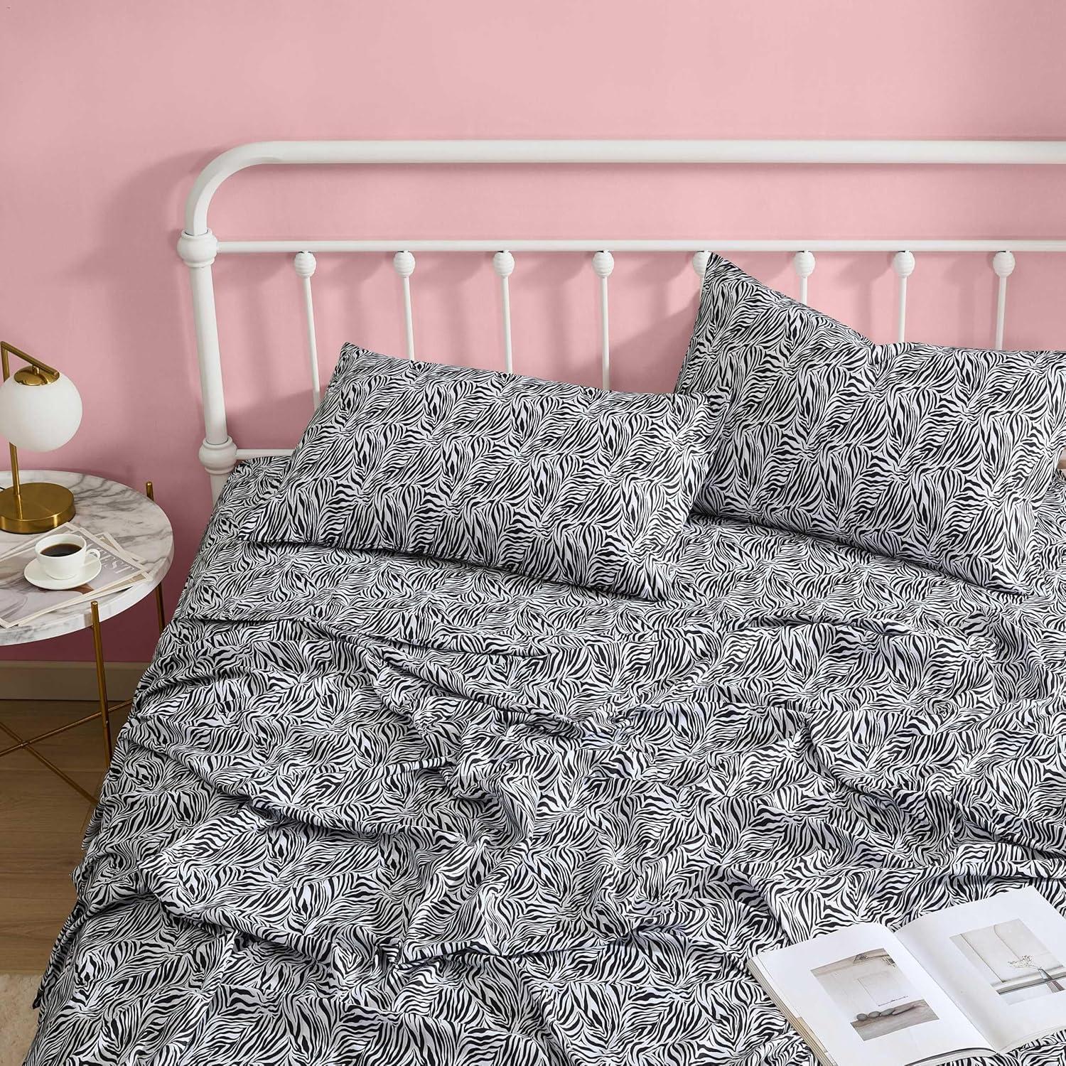 image:imageBetsey Johnson Queen Size Sheet Set Nerdy Teddies Print Microfiber Bedding with Deep Pocket Fitted Sheet Bed Sheets with Matching Pillowcases Wild Zebra BlackWild Zebra Black