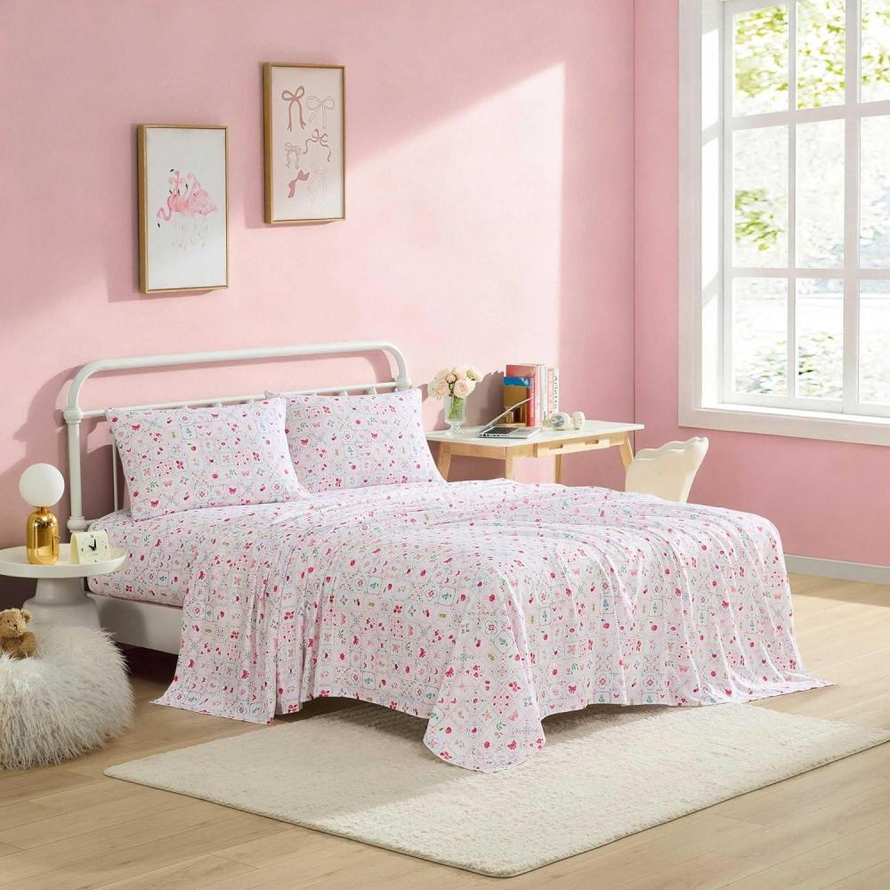 image:imageBetsey Johnson Queen Size Sheet Set Nerdy Teddies Print Microfiber Bedding with Deep Pocket Fitted Sheet Bed Sheets with Matching Pillowcases Pretty Tiles PinkPretty Tiles Pink