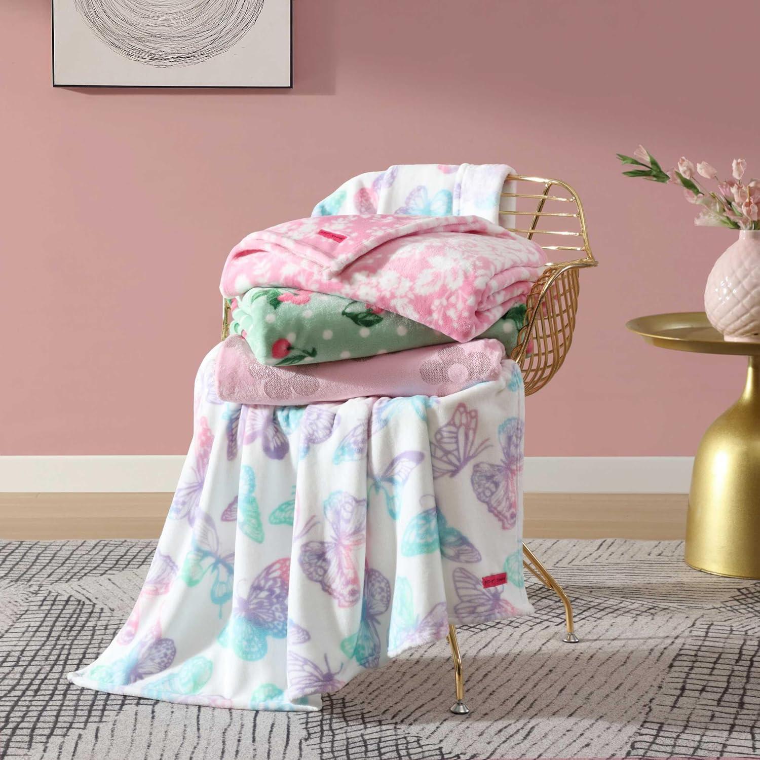 image:imageBetsey Johnson Plush Throw Blanket for Couch or Bed Soft Reversible Western Fleece Throw Cozy Printed Soft Blanket Ballet Bows Grey 50 x 70Butterfly Rainbow Purple
