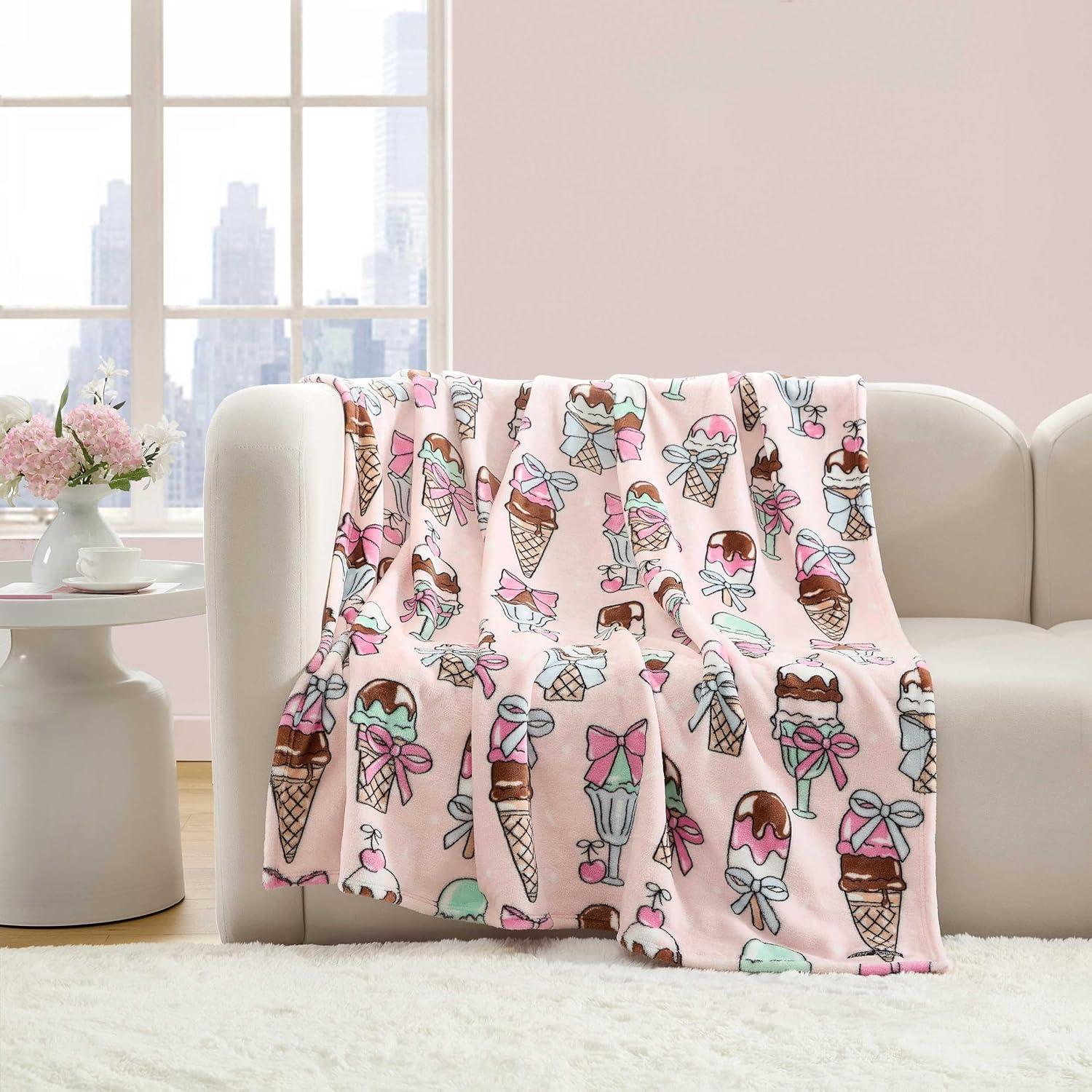 image:imageBetsey Johnson Plush Throw Blanket for Couch or Bed Soft Reversible Western Fleece Throw Cozy Printed Soft Blanket Ballet Bows Grey 50 x 70Coquette Ice Cream Pink
