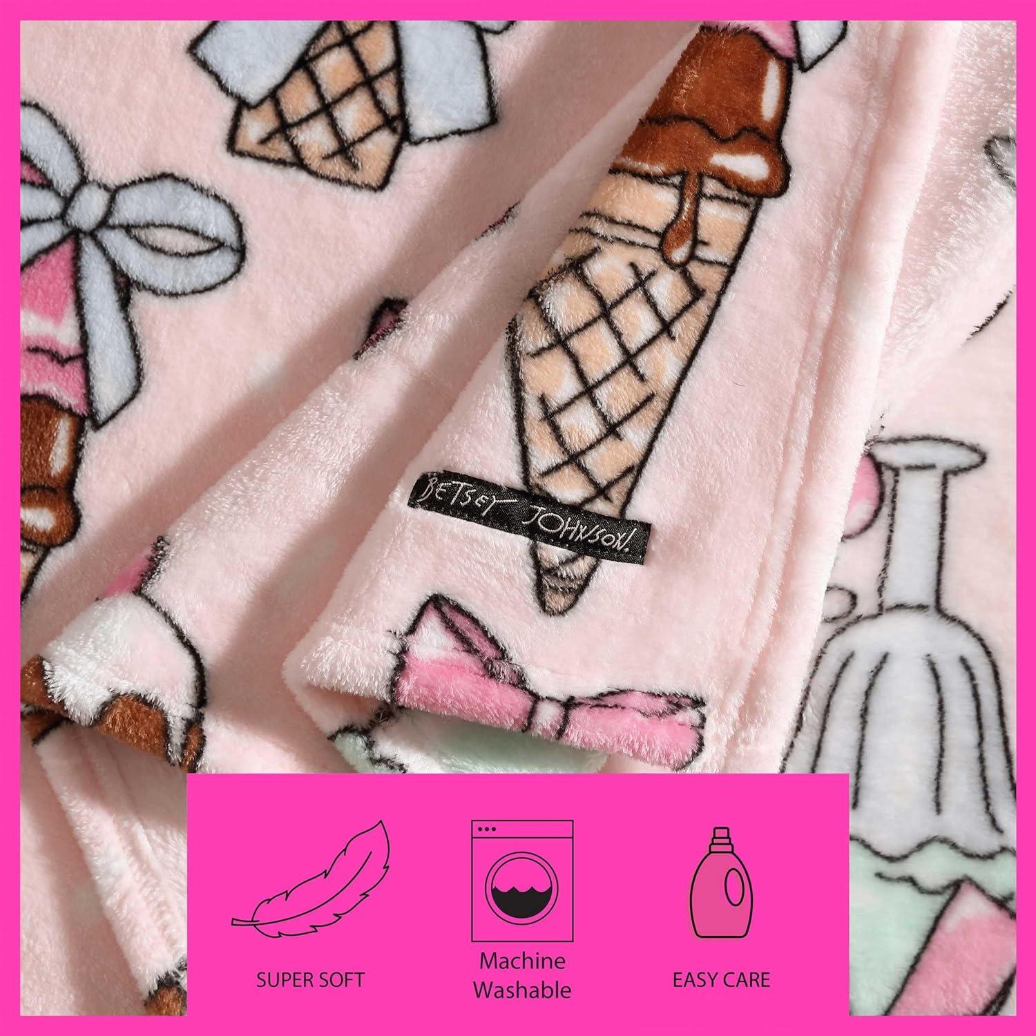 image:imageBetsey Johnson Plush Throw Blanket for Couch or Bed Soft Reversible Western Fleece Throw Cozy Printed Soft Blanket Ballet Bows Grey 50 x 70Coquette Ice Cream Pink