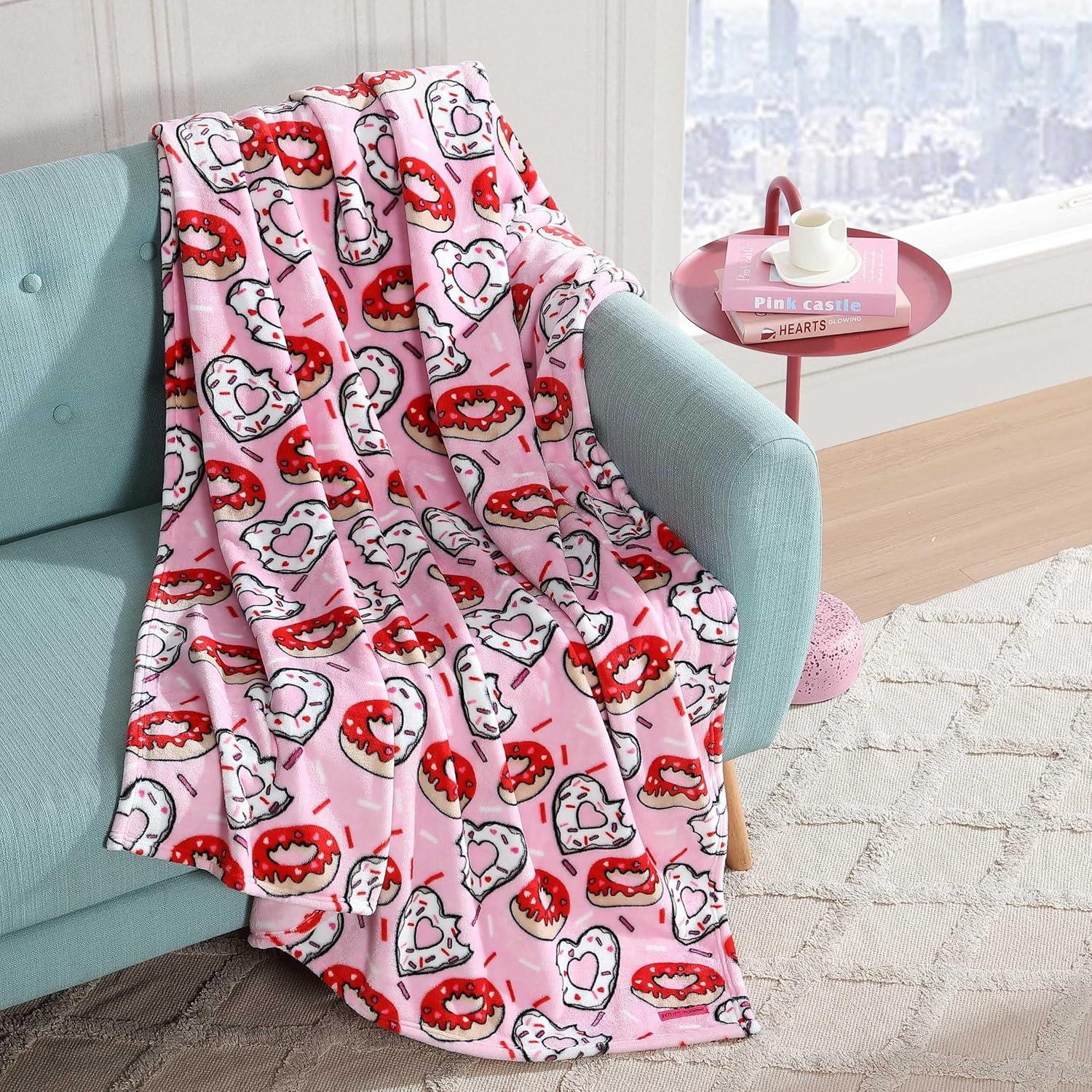 image:imageBetsey Johnson Plush Throw Blanket for Couch or Bed Soft Reversible Western Fleece Throw Cozy Printed Soft Blanket Ballet Bows Grey 50 x 70Donut Hearts Pink