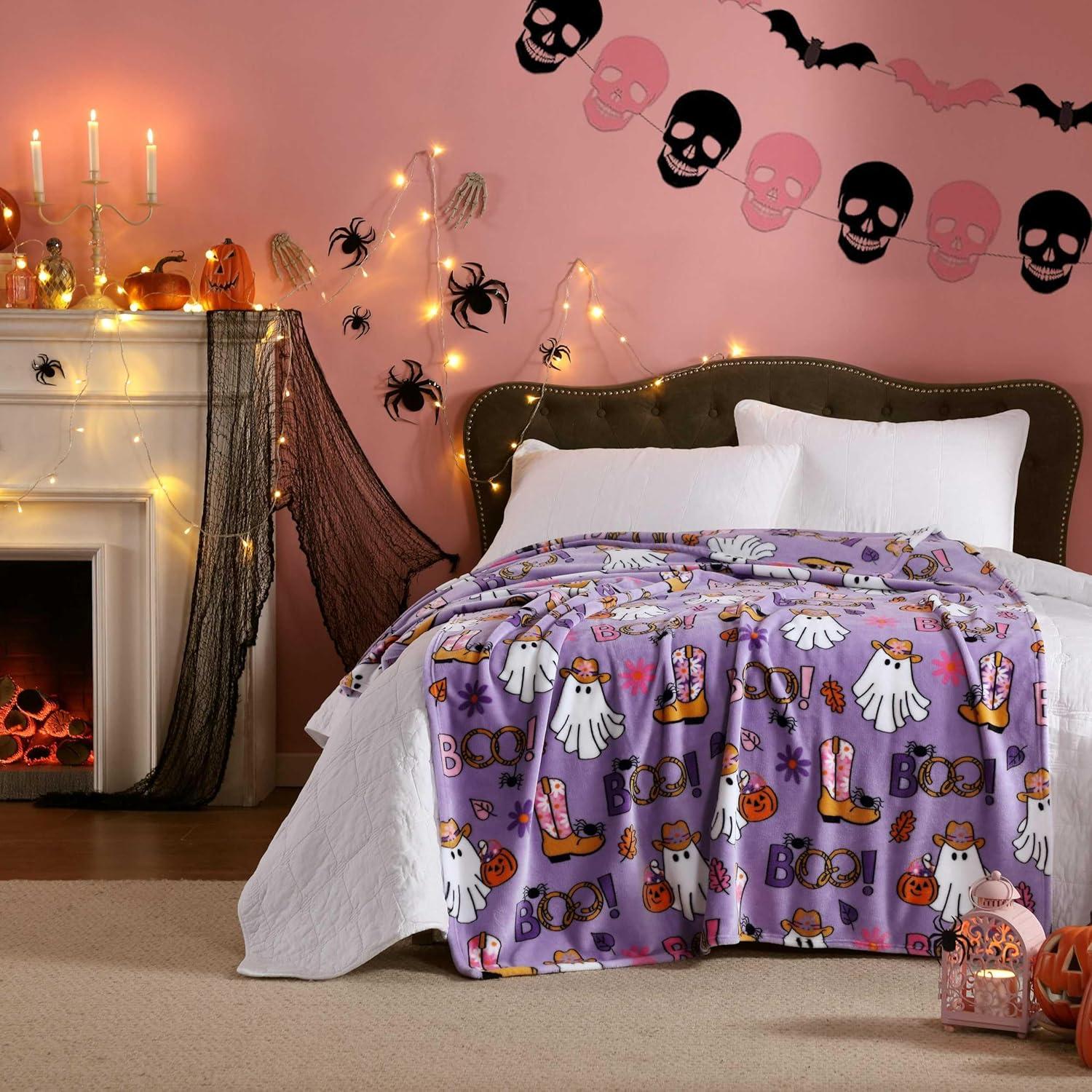 image:imageBetsey Johnson Plush Throw Blanket for Couch or Bed Soft Reversible Western Fleece Throw Cozy Printed Soft Blanket Ballet Bows Grey 50 x 70Howdy Ghouls Purple