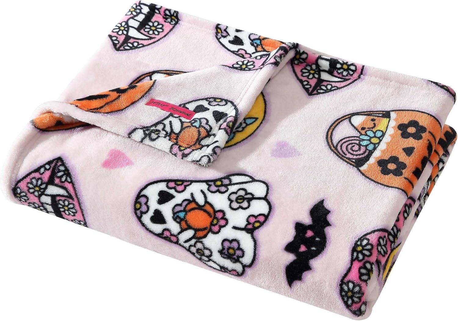 image:imageBetsey Johnson Plush Throw Blanket for Couch or Bed Soft Reversible Western Fleece Throw Cozy Printed Soft Blanket Ballet Bows Grey 50 x 70Retro Halloween Pink
