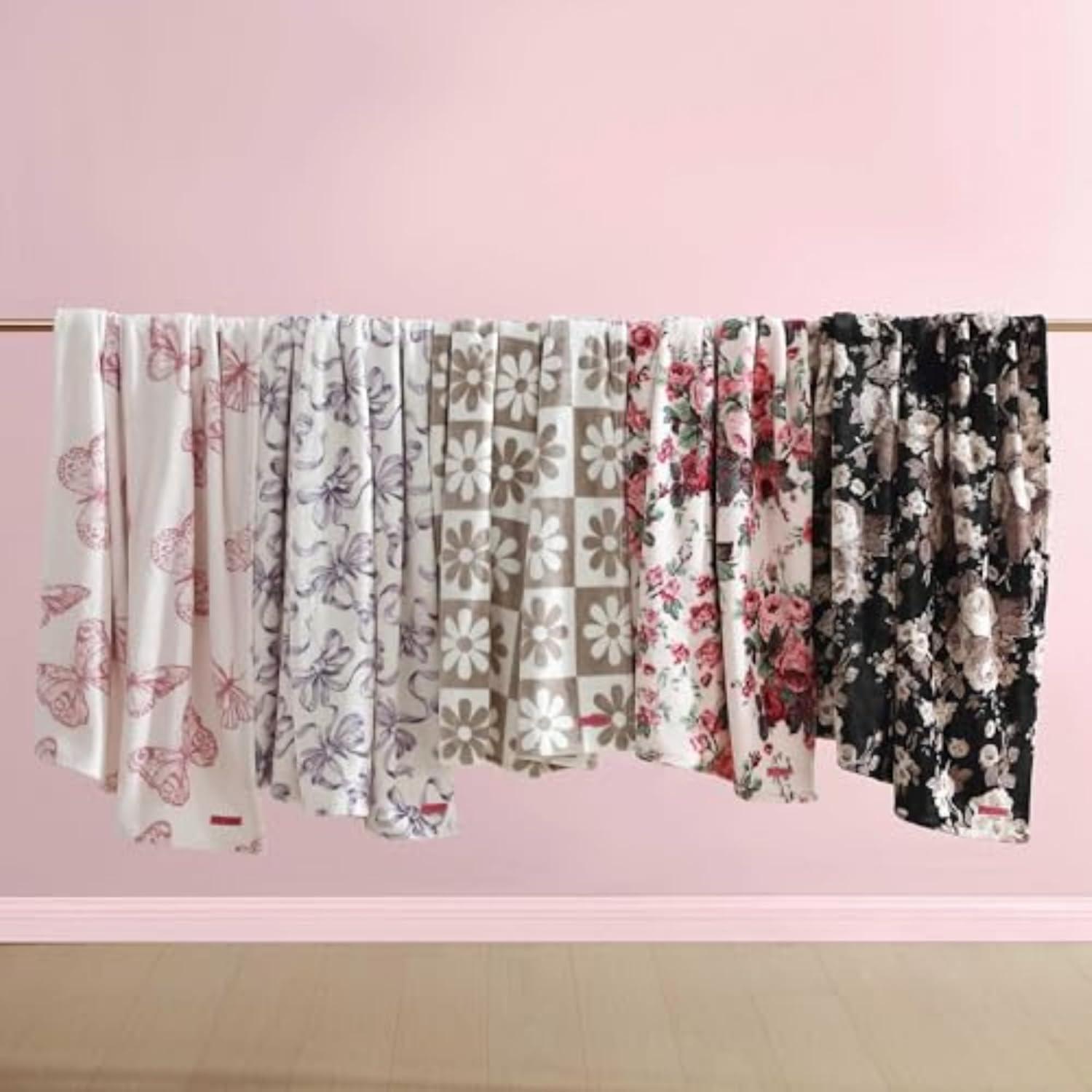 image:imageBetsey Johnson Plush Throw Blanket for Couch or Bed Soft Reversible Western Fleece Throw Cozy Printed Soft Blanket Ballet Bows Grey 50 x 70Vintage Floral Black