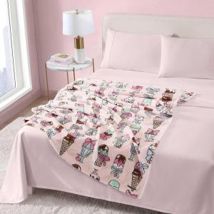 Betsey Johnson – Plush Throw Blanket for Couch or Bed, Soft Reversible Western Fleece Throw, Cozy Printed Soft Blanket, Ballet Bows Grey, 50″ x 70″(Coquette Ice Cream Pink)