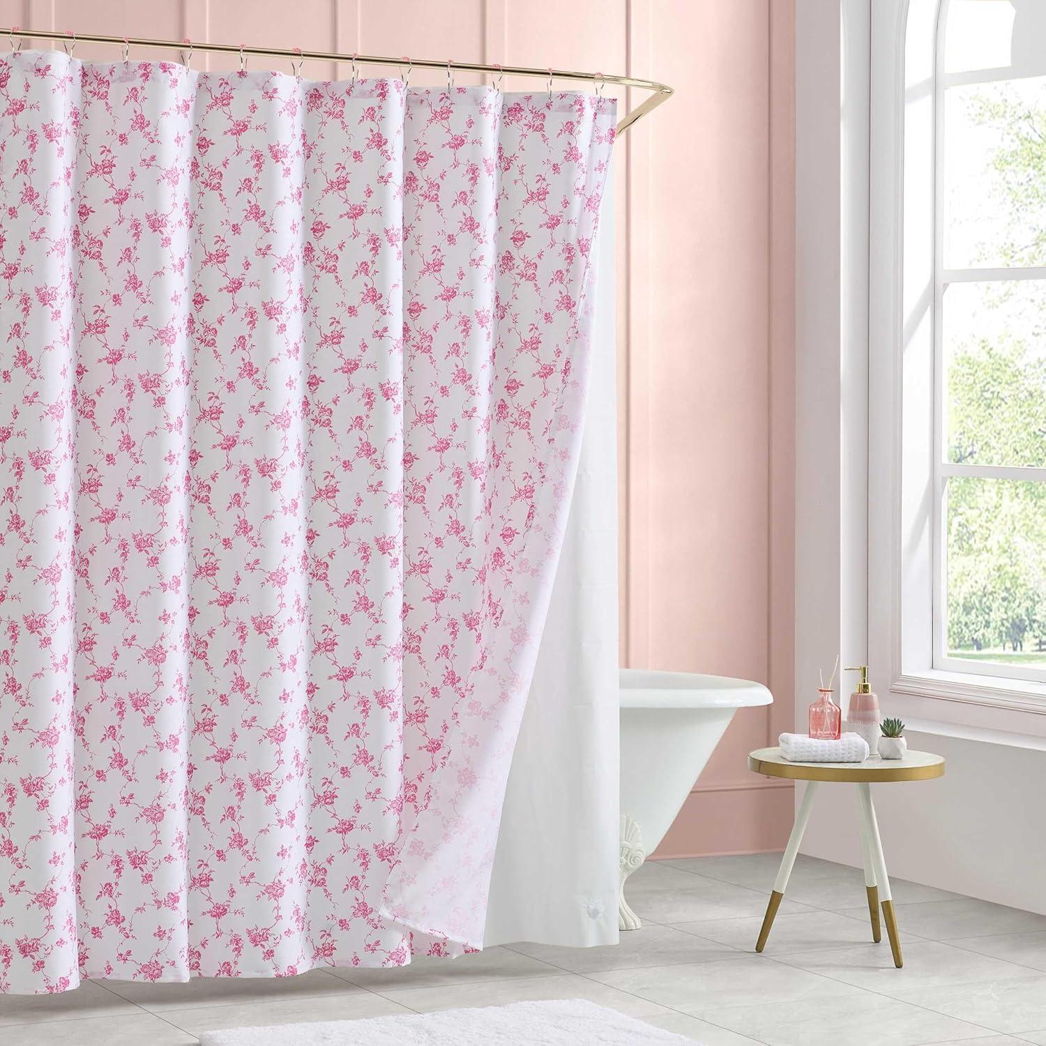 image:imageBetsey Johnson Shower Curtain Set 72 x 72 Bathroom Curtain with PEVA Shower Liner and 12 Pack Hooks Soft Textured Polyester Curtain Festive Bow Trellis PinkFloral Toile Ponk