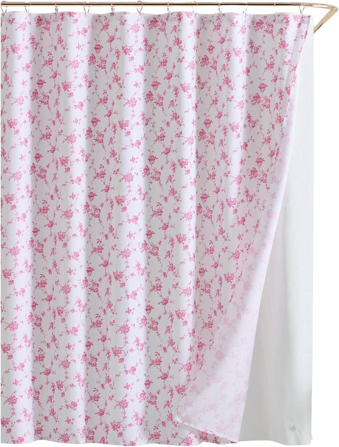 image:imageBetsey Johnson Shower Curtain Set 72 x 72 Bathroom Curtain with PEVA Shower Liner and 12 Pack Hooks Soft Textured Polyester Curtain Festive Bow Trellis PinkFloral Toile Ponk