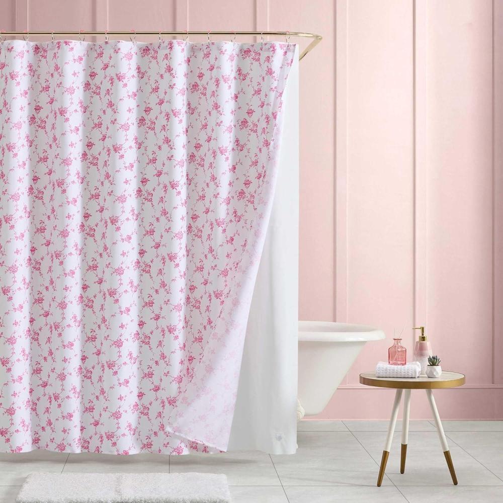 image:imageBetsey Johnson  Shower Curtain Set 72 x 72 Bathroom Curtain with PEVA Shower Liner and 12 Pack Hooks Soft Textured Polyester Curtain Festive Bow Trellis PinkFloral Toile Ponk