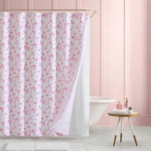 Betsey Johnson – Shower Curtain Set, 72 x 72 Bathroom Curtain with PEVA Shower Liner and 12 Pack Hooks, Soft Textured Polyester Curtain, Festive Bow Trellis Pink(Floral Toile Ponk)